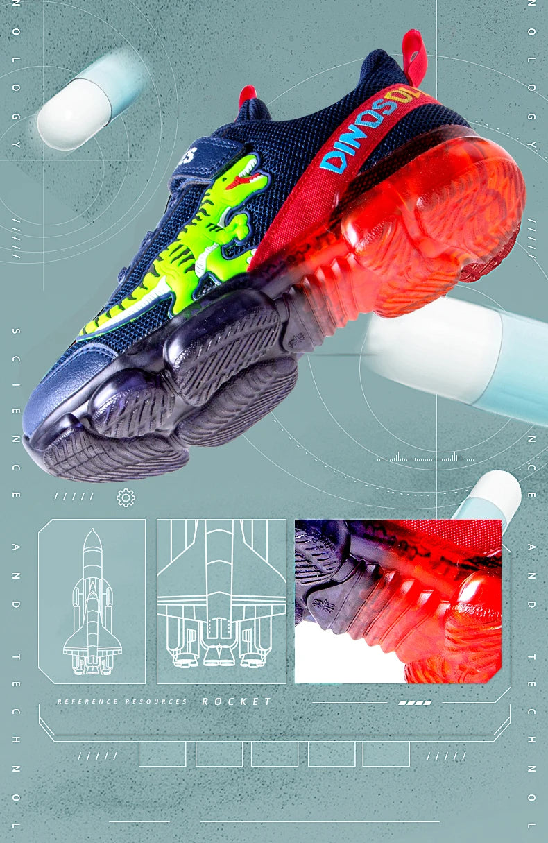 EXDINO T-REX LED 2-9Y Boys Spring Autumn Mesh Tennis Shoes Glowing Children's Kids Flashing Jelly Sole Light Up Casual Sneakers