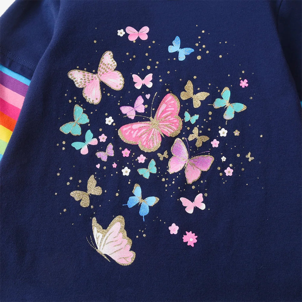 VIKITA Girls Colorful Butterfly Navy Blue T Shirts Kids Cotton Casual Daily Striped Long Sleeve Rainbow Tees Kids Tops Wear 3-8Y