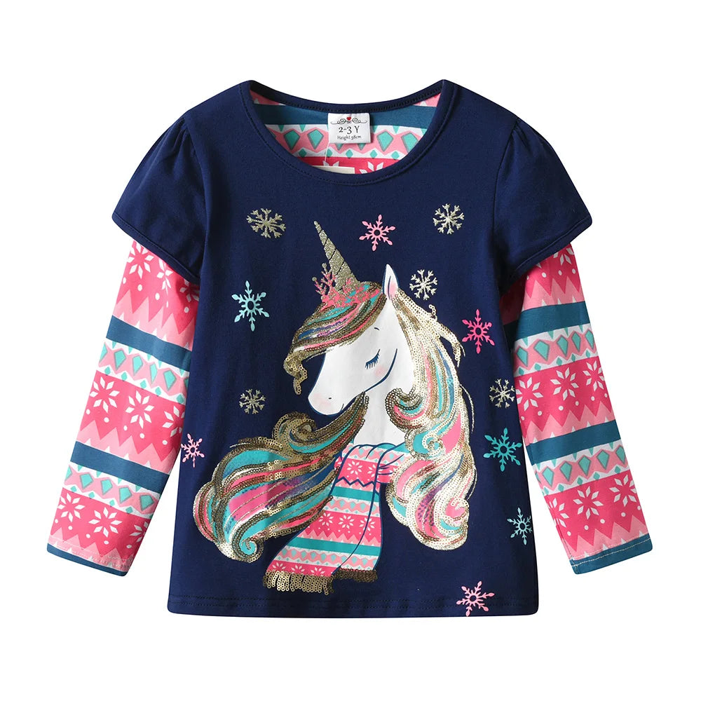 VIKITA 2025 New Girls Long Sleeve Snowflake Print Tops Girls Christmas New Year Xmas Gifts Toddlers Cotton Casual T Shirt Tees