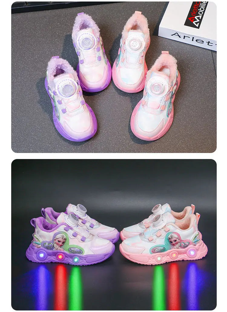 Disney LED Casual Sneakers Pink Purple For Summer Girls Frozen Elsa Princess Print Outdoor Shoes Children Lighted Non-slip Shoes