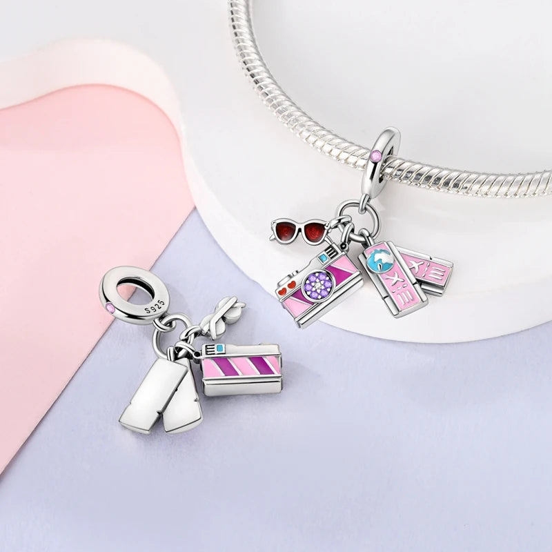 Pink Series Original 925 Sterling Silver Charm Bead Travel Airplane Pendant Fit Original Bracelet Necklace For Women DIY Gift