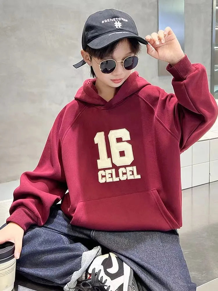 2025 Autumn Winter New Boys Mid-Large Size Fleece-Lined Hooded Sweatshirt - Stylish Boys Outerwear