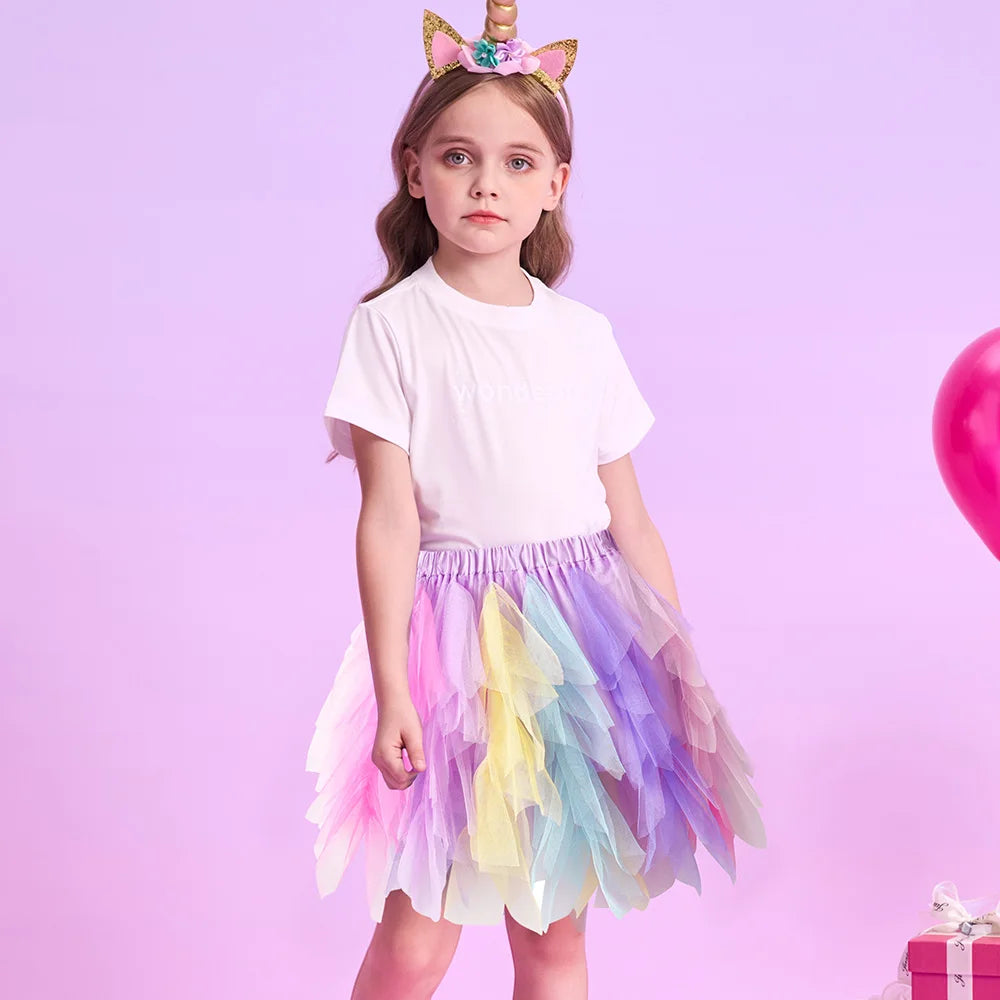 VIKITA Girls Rainbow Multicolor Tutu Skirt Kids Colorful Tulle Ballet Dance Princess Party Layered Mini Skirt 3-10Y Cute Outfit