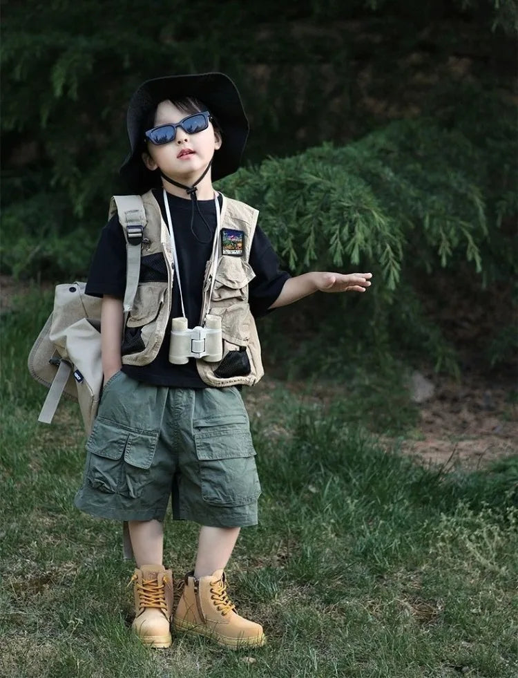 2025 New Autumn Outdoor Tactical Vest for Kids Boys Girls Olive Green Kids Cargo Vest Lightweight Waterproof Hiking Jacket