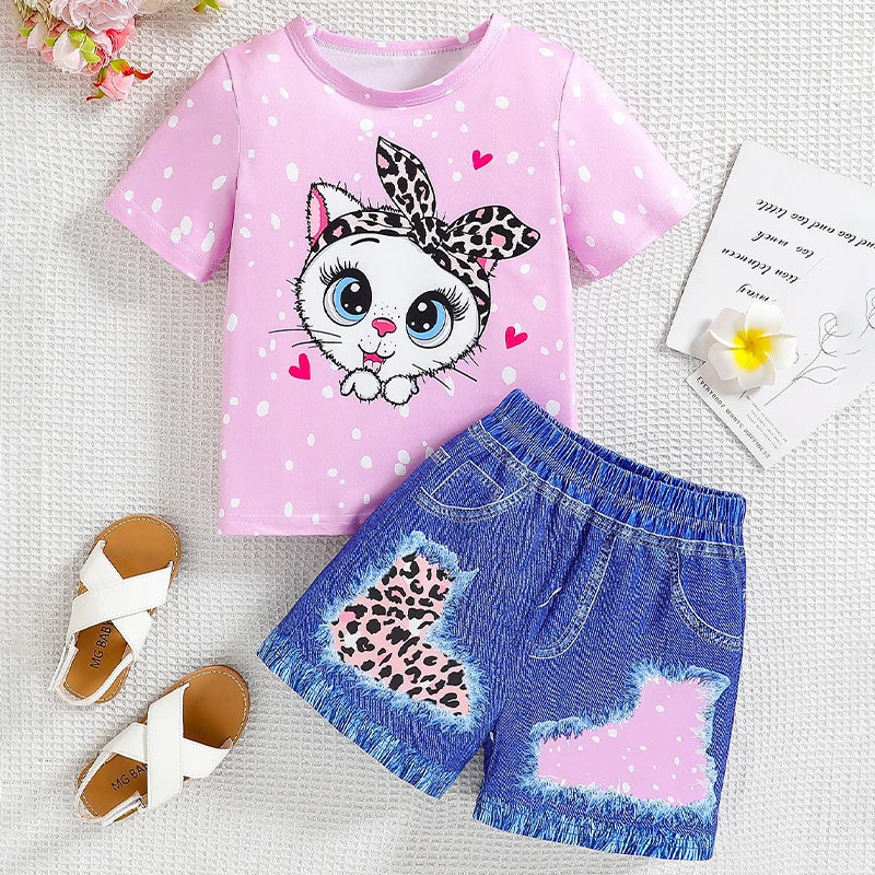 Baby Girls Clothing Set Summer New Kids Leopard Print Short Sleeve T-Shirt Shorts 2Pc Suit for 4-7Year Children Fashion Outfits