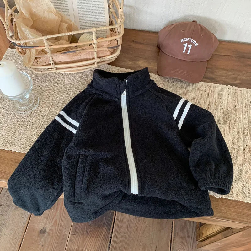4-10Year Children Outwears Fleece for Winter Autumn Teenager Boy Jackets High Collar Coats Fashion Striped Solid Kid Girl Jacket