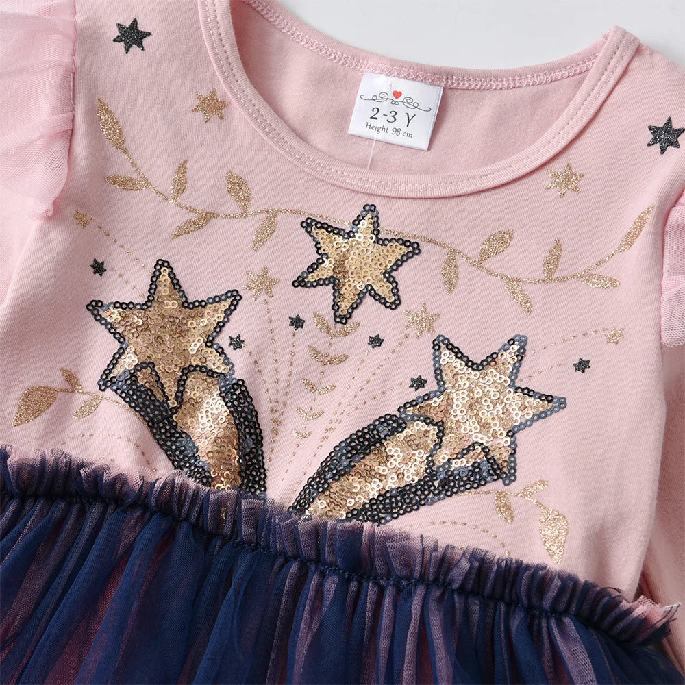 VIKITA Kids Pink Dress Girls Long Sleeve Autumn Spring Dress Kids Star Sequins Appliqued Vestidos Layered Princess Casual Wear