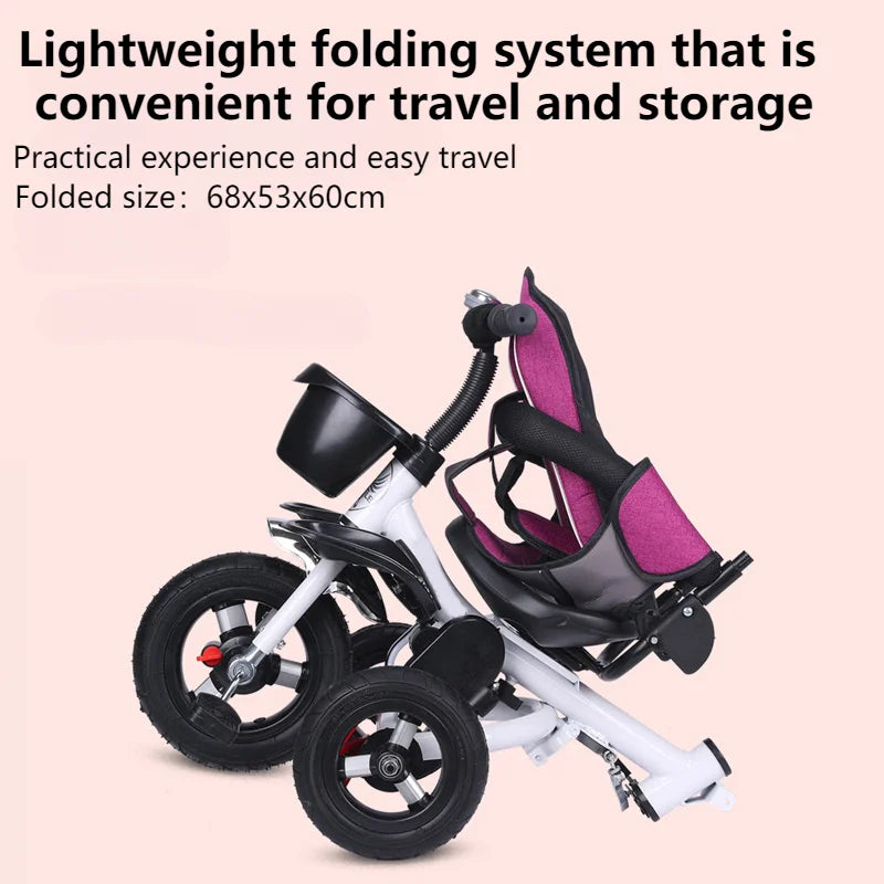 4 in 1 Folding Kids Trike Sit & Lying Toddler Stroller with Large Canopy Tricycle Dual Brake 3-Gear Adjustable Backrest Portable