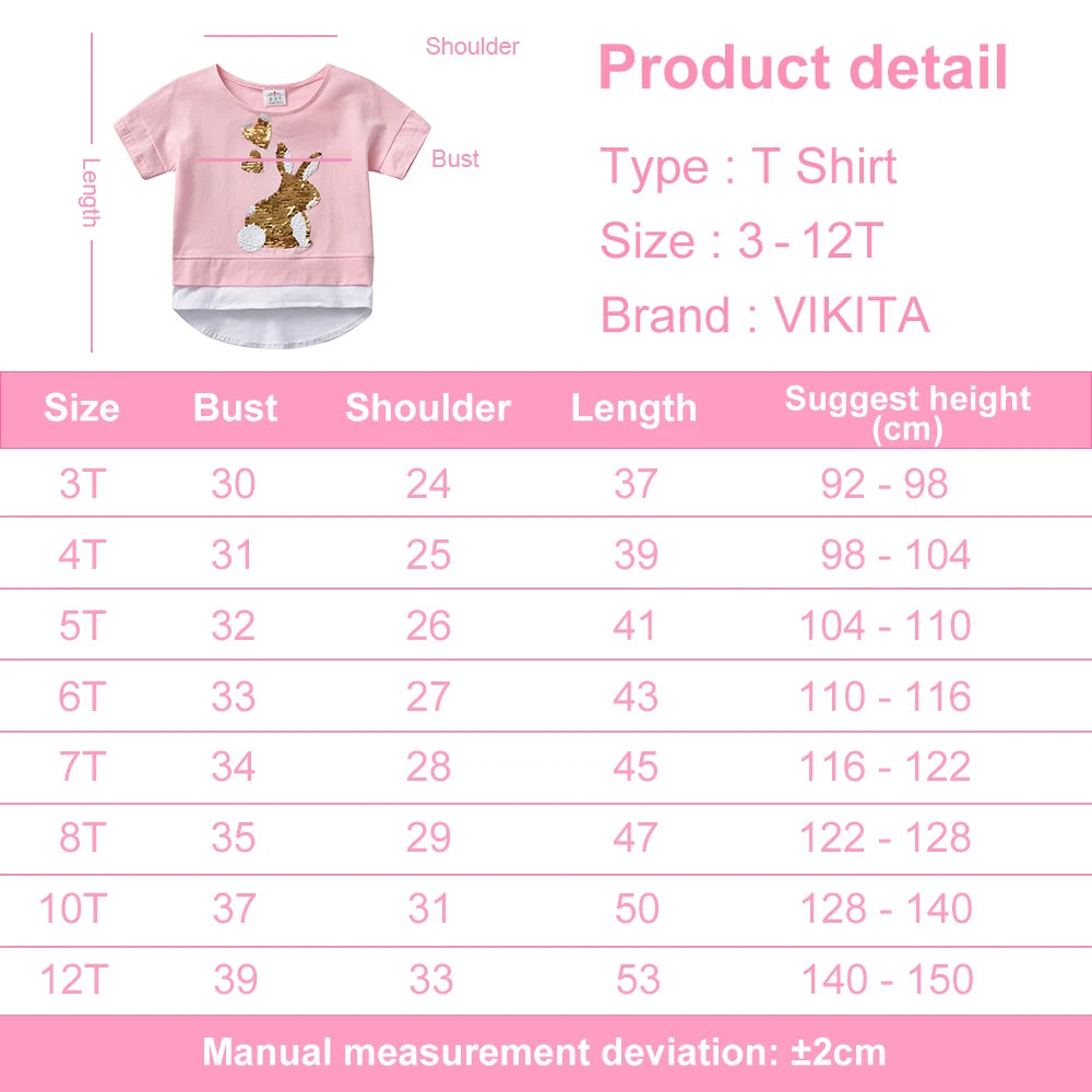 VIKITA Girls Rabbit Appliqued Cartoon T Shirt Kids Short Sleeve Summer Cotton Tops and Tees Girls O Neck Pink Princess T Shirts
