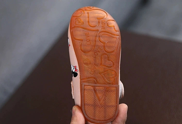 Disney Casual Shoes Kids Mickey Mouse Shoes For Girls Outdoor White Pink PU Leather Children Flats Soft Toddler Size 21-30