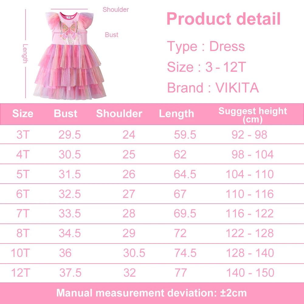 VIKITA Girls Pink Butterfly Print Layered Princess Dress Kid Flutter Sleeves Gradient Cute Fashion Summer Dress Kids Costumes