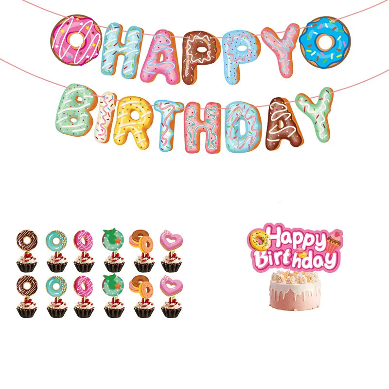 Birthday Party Banner Doughnut Decoration DIY Delicious Food Ornament Happy Birthday Banner Theme Sign Children Party Supply