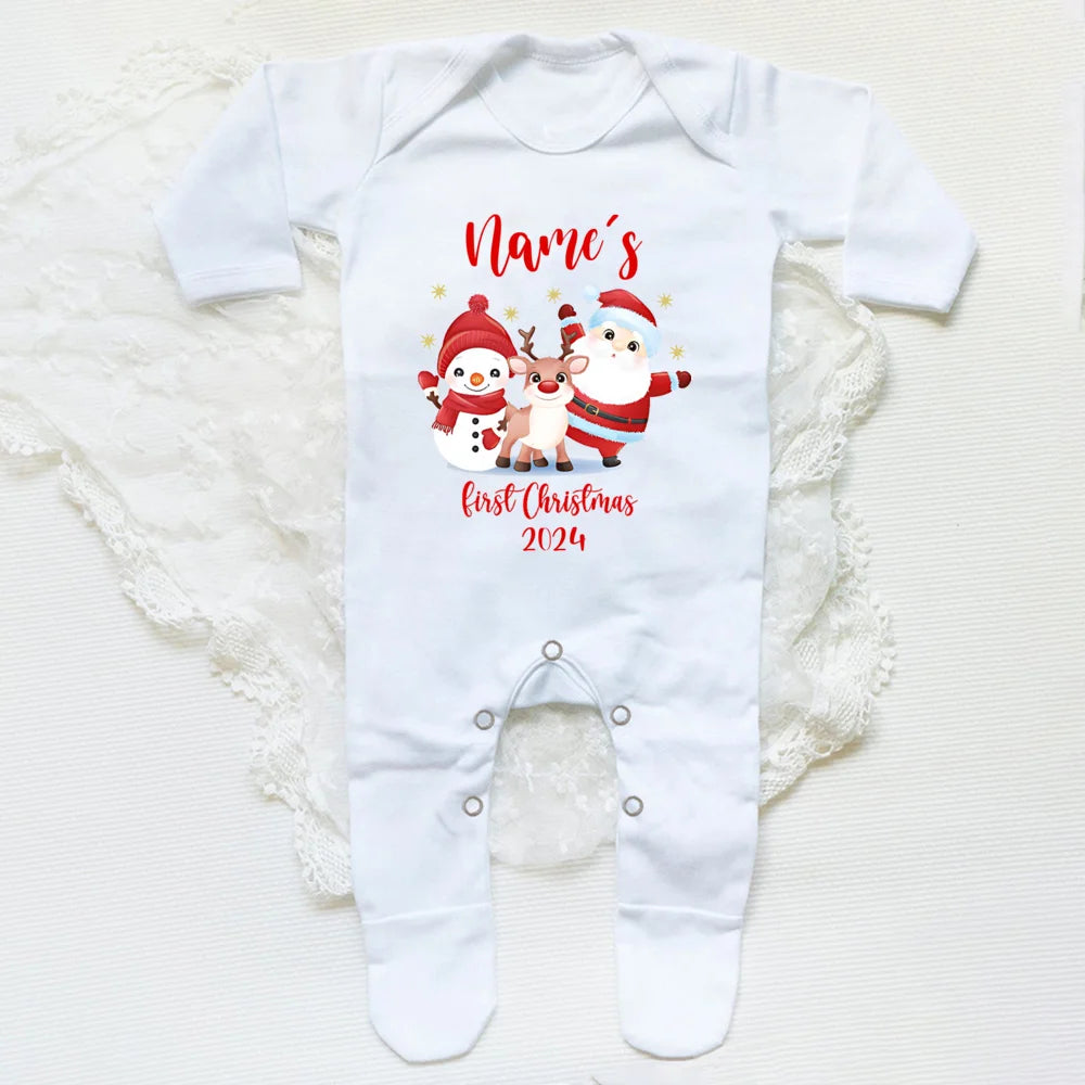 Personalised Baby's First Christmas Clothing Custom Name Baby Long Sleeve Romper Christmas Costume Baby's 1st Christmas Footies