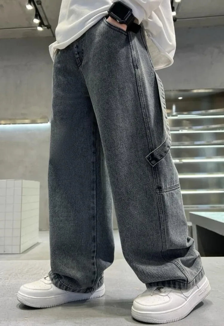 2025 Spring Boys' Wide-Leg Jeans Loose-Fit Trendy Streetwear for Kids Ages 8-14
