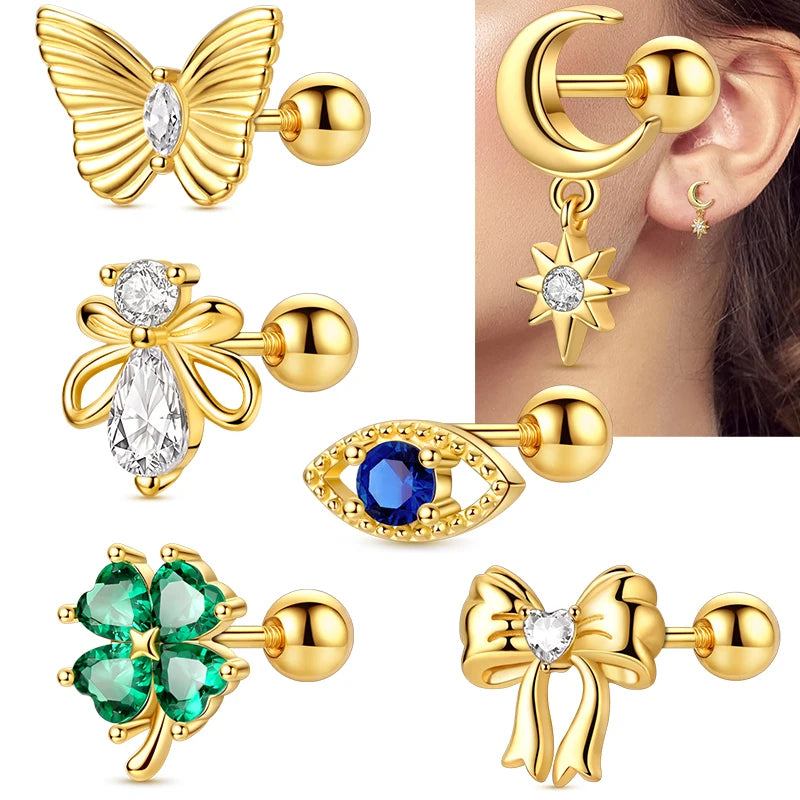 Fashion 925 Sterling Silver Plated Gold Clover Bowknot Butterfly Cartilage Puncture Spiral Bead Stud Earring For Women Ins Style