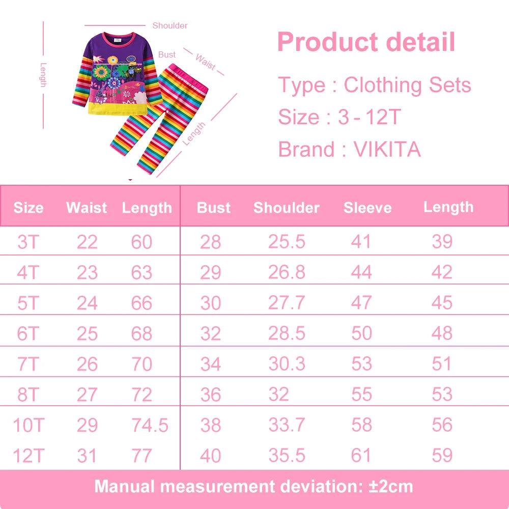 VIKITA Girls Clothing Sets Kids Floral Print Long Sleeve Cotton Rainbow Striped T Shirt and Leggings 2 Pcs Home Wear Clothes Set