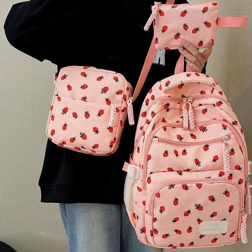 Corduroy Backpack three piece set Strawberry Print Daily Casual Backpack Niche Large Capacity Commuting Light Backpack