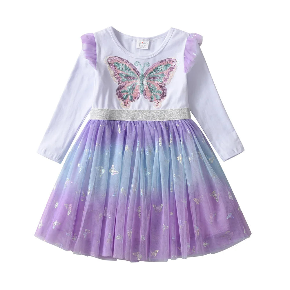 VIKITA Girls Butterfly Sequined Elegant Dress Kids Autumn Spring Purple Gradient Mesh Tulle Princess Party Performance Prom Gown