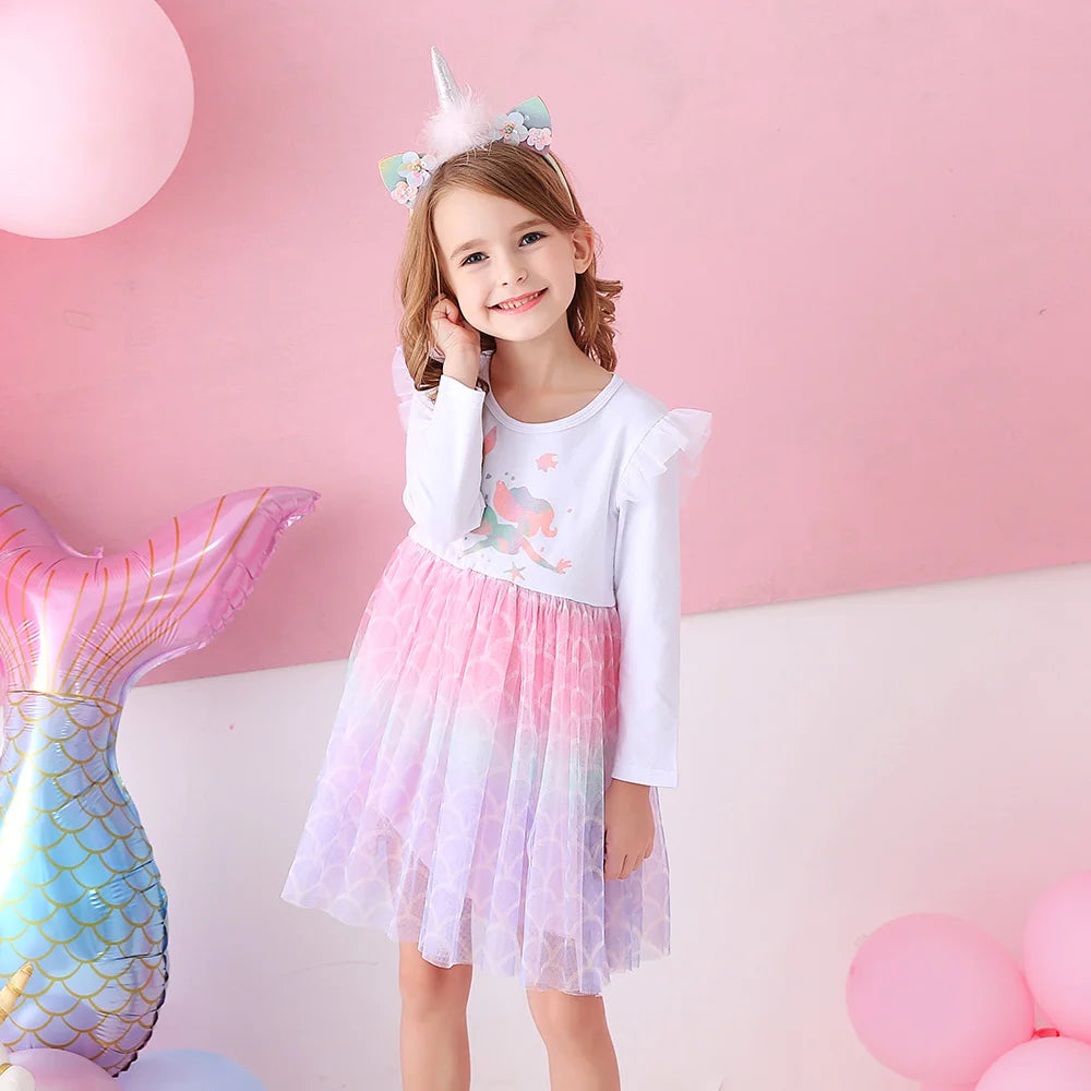 VIKITA Girls Mermaid Cartoon Print Dress Kids Autumn Spring Flare Sleeve Dresses Girls Patchwork Casual Princess Dresses 3-8 Yrs