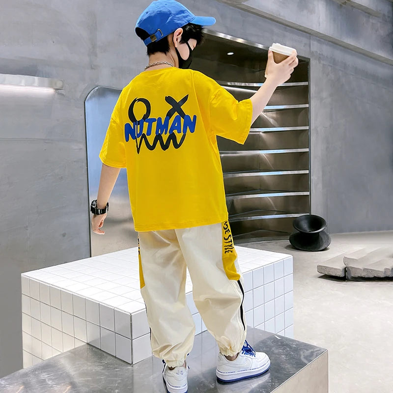 4-12 Years Teen Summer Boys Clothing Sets Fashion Letter Short Sleeve T-shirt Pants 2Pcs Suit For Kids Children Casual Outfits