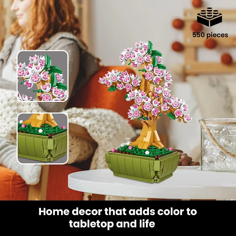 Bonsai Tree Building Blocks Set - Featuring Cherry Blossom Flowers, DIY Plant Model Toy Creative Gift for Home Décor
