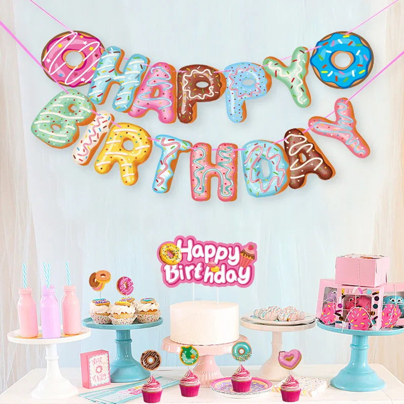 Birthday Party Banner Doughnut Decoration DIY Delicious Food Ornament Happy Birthday Banner Theme Sign Children Party Supply