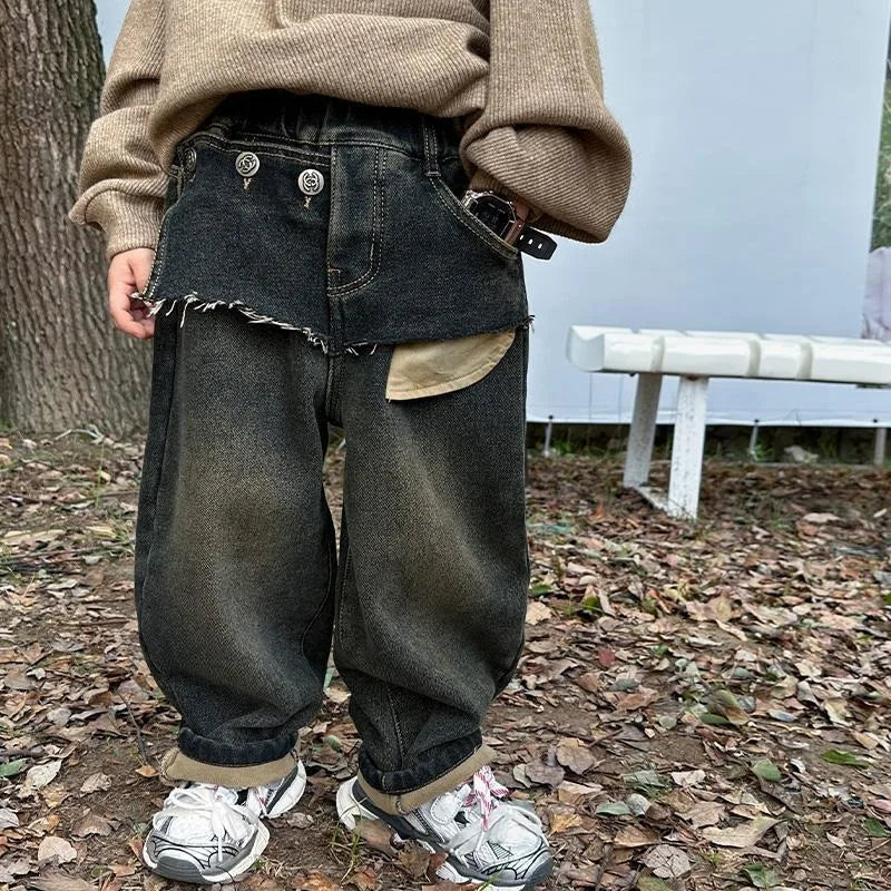 Boys' Autumn Winter Thermal Fleece-Lined Korean-style Patchwork Jeans - Thickened One-Piece Long Pants Spring Autumn New