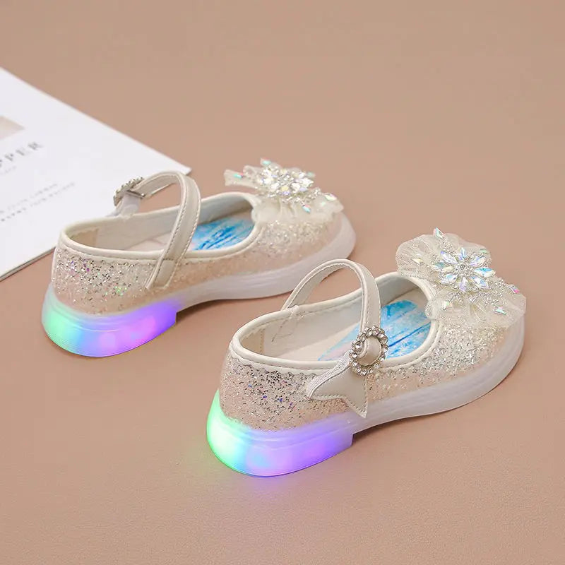 Disney Children's High Heel Princess Elsa Party LED Light Shoes Summer Girls Sandals Baby Girls' Crystal Blue Pink Shoes 23-34