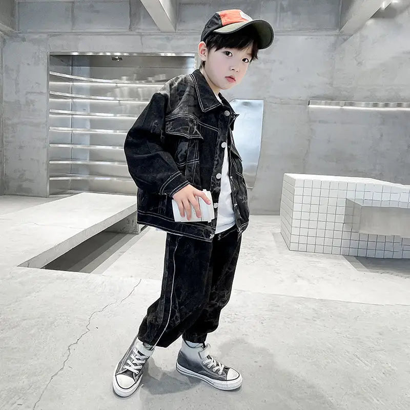 2025 New Boys' Medium & Large Size Denim 2-Piece Set Stylish Korean Trendy Spring Autumn Outfit