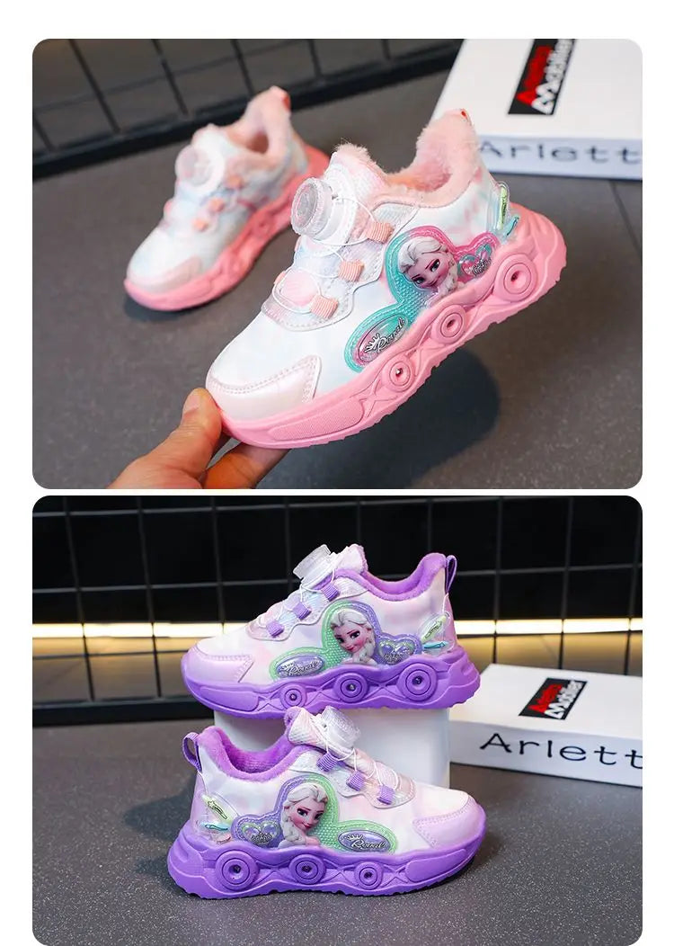 Disney LED Casual Sneakers Pink Purple For Summer Girls Frozen Elsa Princess Print Outdoor Shoes Children Lighted Non-slip Shoes