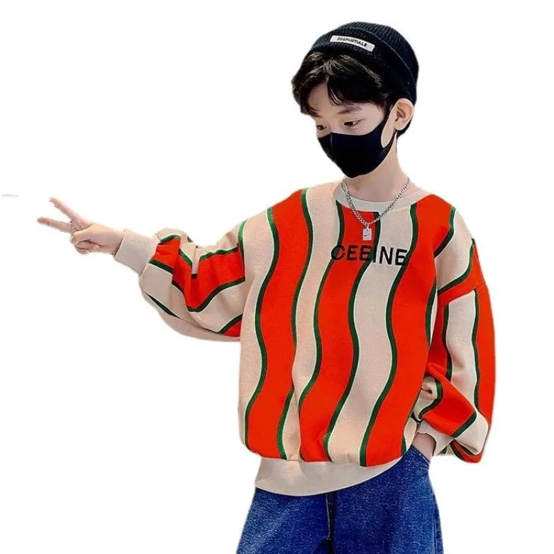 Boys' Medium-Large 2025 New Arrival No Hood Fleece-Lined Spring/Autumn Trendy Cool Kids Sweatshirt