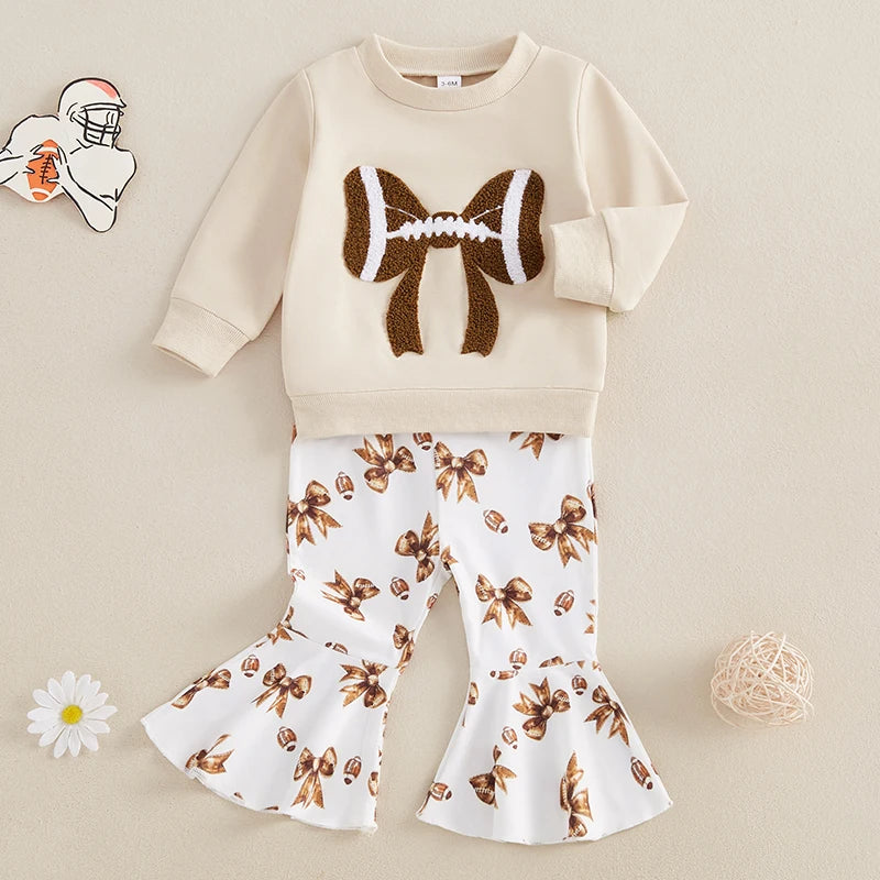 Adorable Baby Girls 2-Piece Football Theme Outfit with Long Sleeve Sweatshirt and Pants Set Cute Bow Embroidery Design