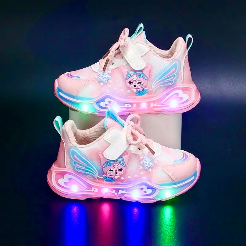 Disney LED Casual Sneakers Spring Girls Frozen Elsa Princess PU Leather Shoes Children Lighted Non-slip Pink Size 23-35