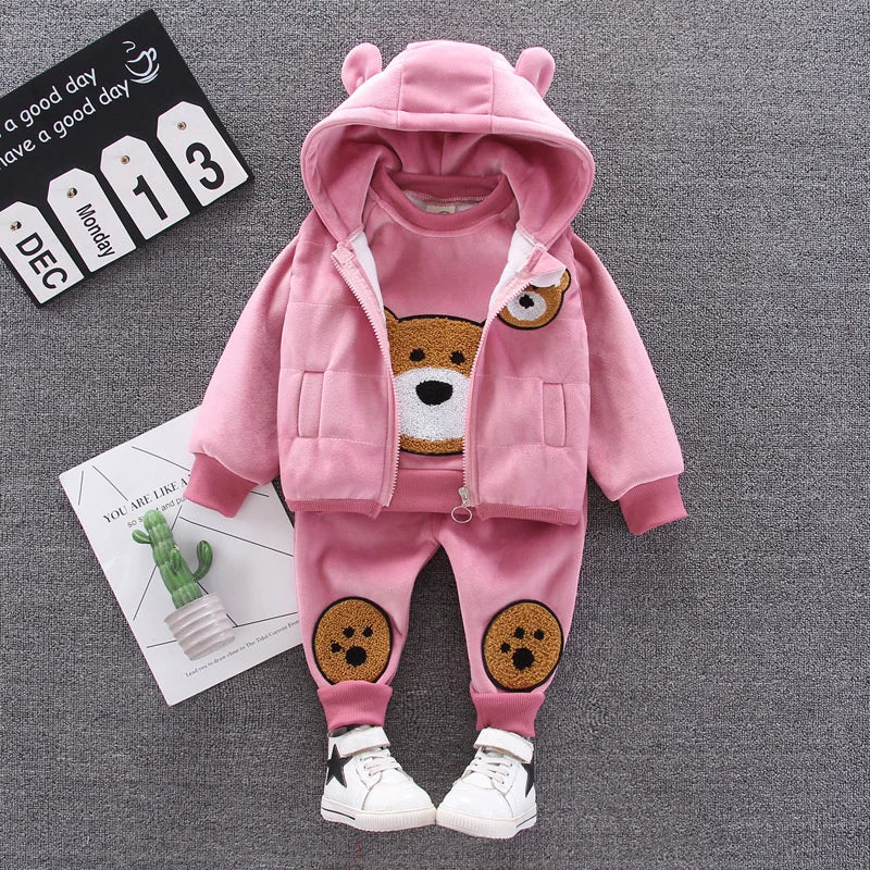 New Winter Baby Girls Clothes Suit Children Boys Thicken Warm Hooded Vest T-Shirt Pants 3Pcs/Set Toddler Costume Kids Tracksuits
