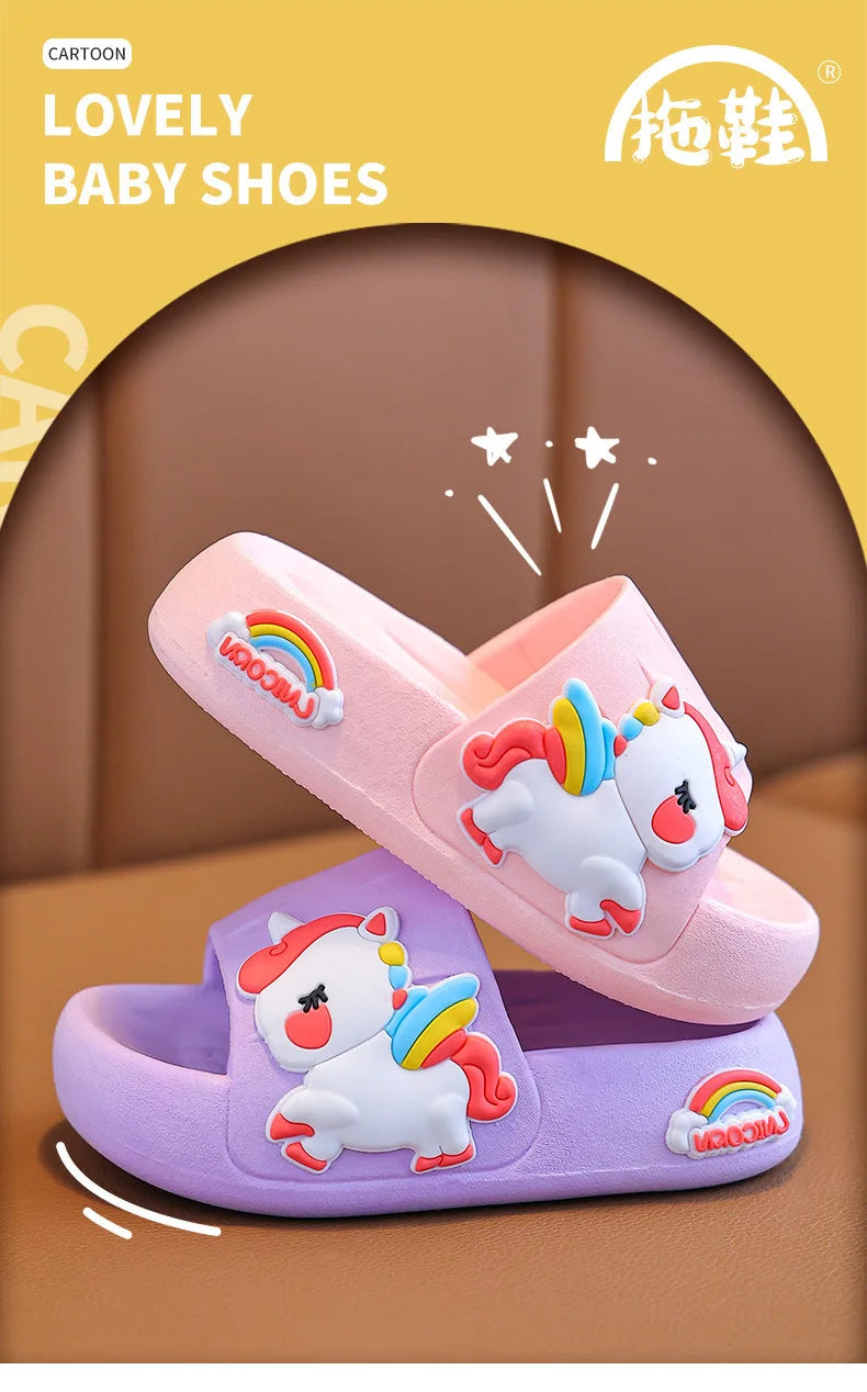 Summer Kids Home Shoes Flip Flops Baby Girls Slippers for Children Cartoon Unicorn Bathroom Antislip Thick Sole Slides 2-8 Years