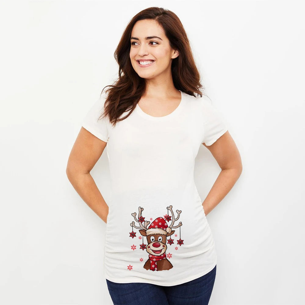 Merry Christmas Cartoon Print Maternity T-shirt Xmas Casual Pregnant Women Reindeer Graphic T Shirt Pregnancy Announcement Tees