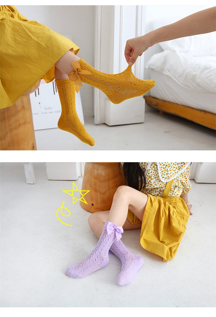 1 Pairs Summer Bow Baby Girls Socks Toddler Long Sock Infant Knee High Cotton Mesh Spanish Style Breathable Socks For 0-8Years