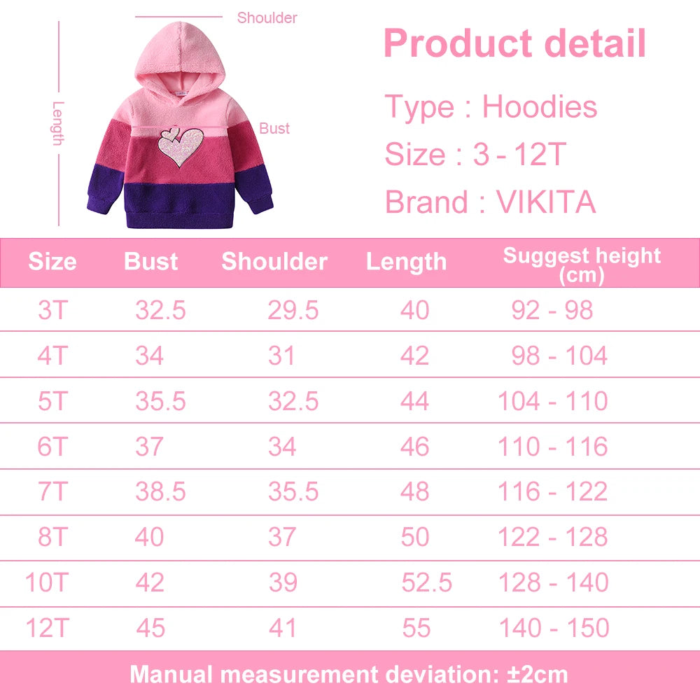 VIKITA Kids Fleece Hoodies Girls Autumn Winter Heart Sequined Hooded Sweatshirt Girls Striped Hoodies Outwear Coat Kids Clothes
