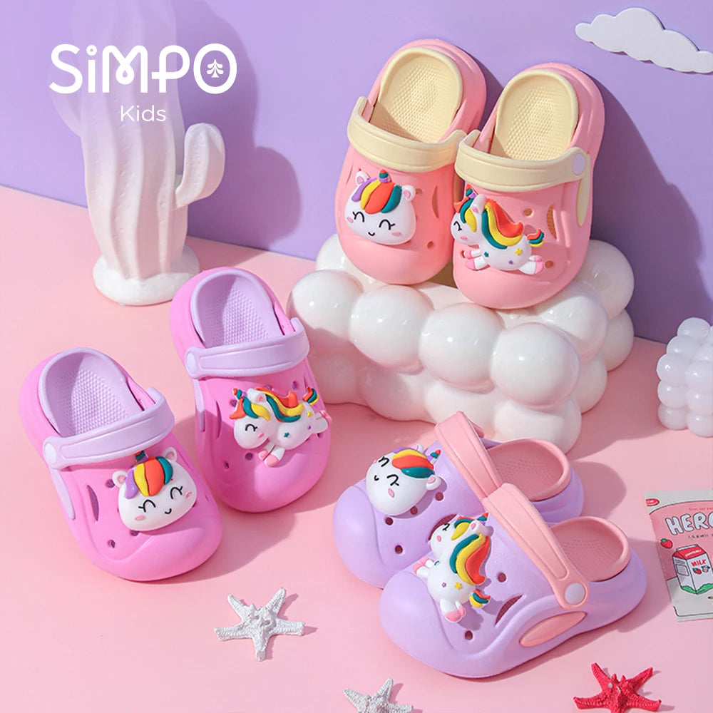 Kawaii Garden Shoes For Little Kid With Unicorn Charm Rainbow Color Girl's Clogs Outdoor Thick Sole Anti-slip Sandals Summer