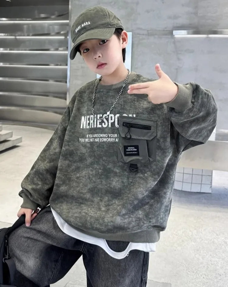 Boys' Middle/Big Kids 2025 New Spring/Autumn Long Sleeve Korean Style Edgy Loose Fit Sweatshirt Tops