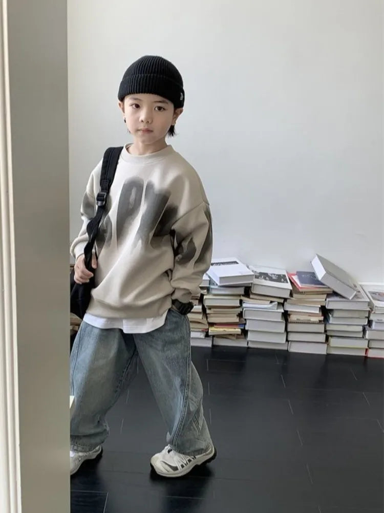 Boys' Medium To Large 2025 New Arrival No Hood Crewneck Spring/Autumn Trendy Street Style Kids Sweatshirt