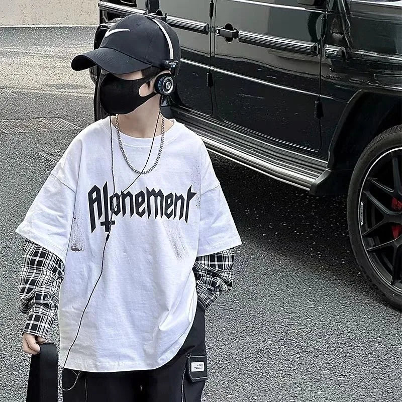 Fake Two Pieces Children's Clothing From 8 To 12 Years Boys Long Sleeve Tee Boys' T-shirt Graphic Shirts T-shirts Tees Boy Child