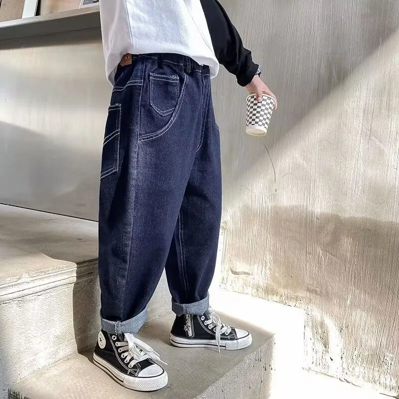 2025 New Boys' Fleece-Lined Jeans for Big Kids - Spring Autumn Autumn Long Pants Kids' Clothing