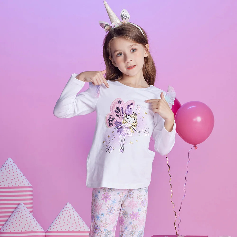 VIKITA Kinder Baumwoll-Freizeit-Tops und T-Shirts für Kleinkinder, Elfen-Cartoon, weißes T-Shirt mit ausgestellten Ärmeln, Herbst/Frühling, Größe 10-12 Jahre