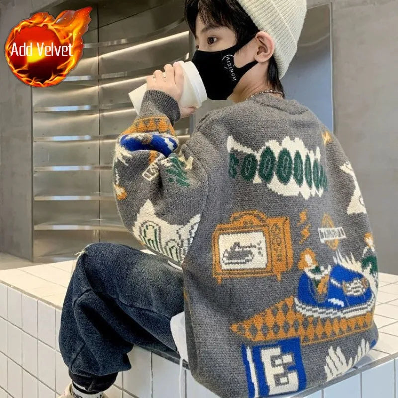 2025 New Boys' Autumn/Winter Fleece-Lined Thickened Pullover Knit Sweater - Warm Base Layer for Kids, Trendy & Cozy Design