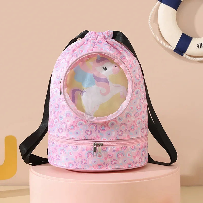 Drawstring Gym Bag for Kids Waterproof Drawstring Backpack Swim Bag with Compartment Pull String Sport Bag for Wet Swimming