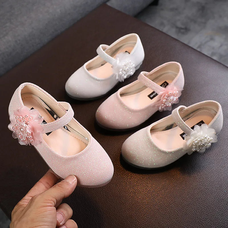 Korean Style Fashion Kids Beaded Little Flowers Leather Shoes Girls Princess Shoes Children Crystal Soft Bottom Dancing Shoes