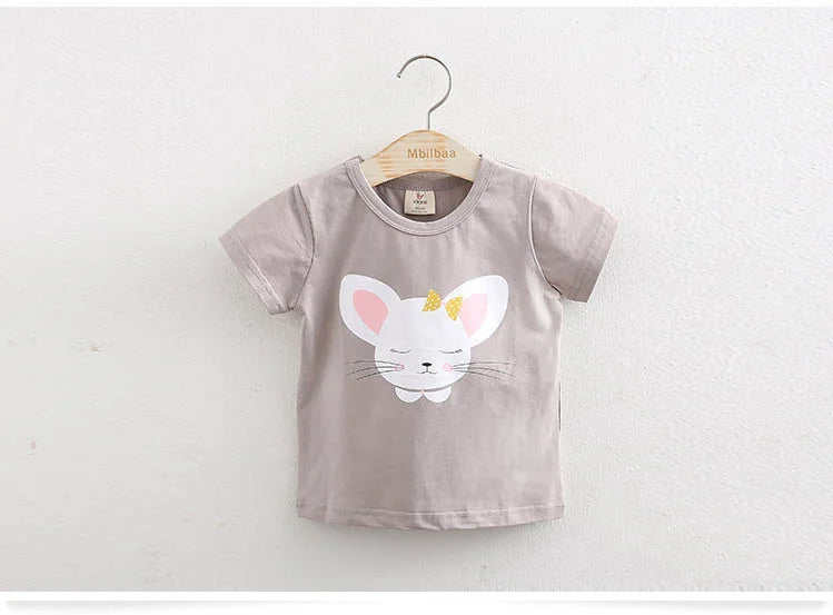 2025 Summer 2 3 4 6 8 10 Years Children Cotton Cartoon Star Bird Cat Rabbit Animal Print Short-Sleeve T-Shirt For Kids Baby Girl