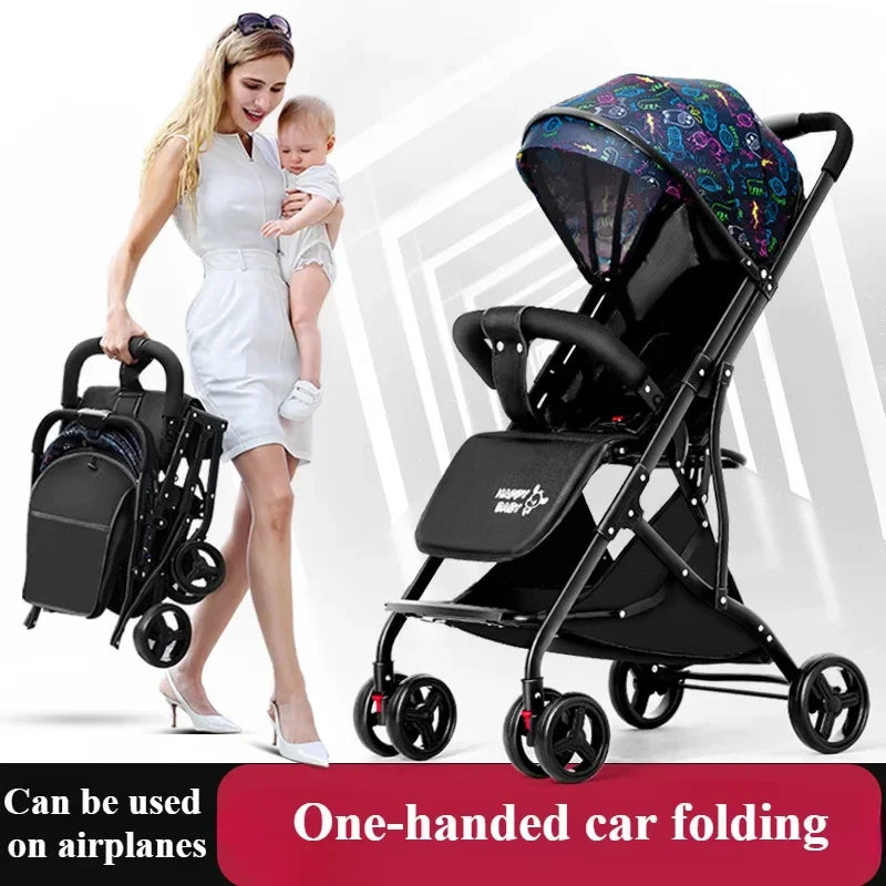 One Click Folding Baby Stroller Can Sit & Lying Foldable Portable Lightweight Baby Strolling Cart Large Space Adjustable Backset