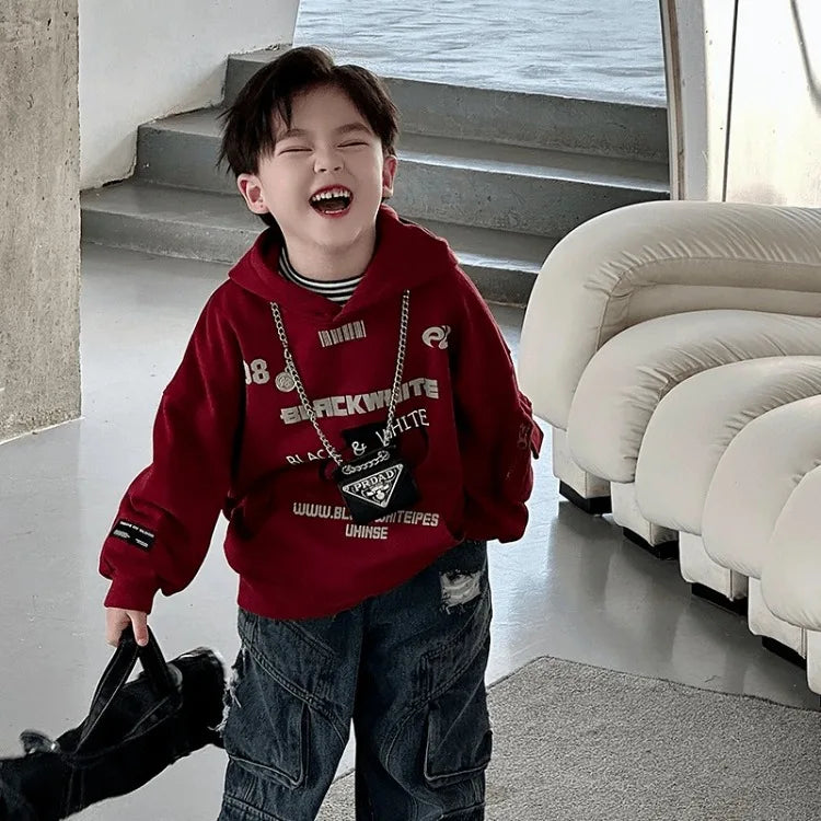 2025 New Boys' Korean-Style Printed Hooded Pullover Hoodie - Baby Autumn Winter Warm Long Sleeve Top